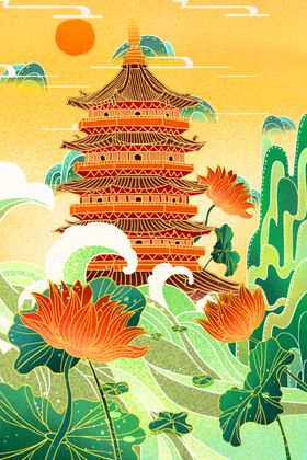 古风宝塔绘于山水间