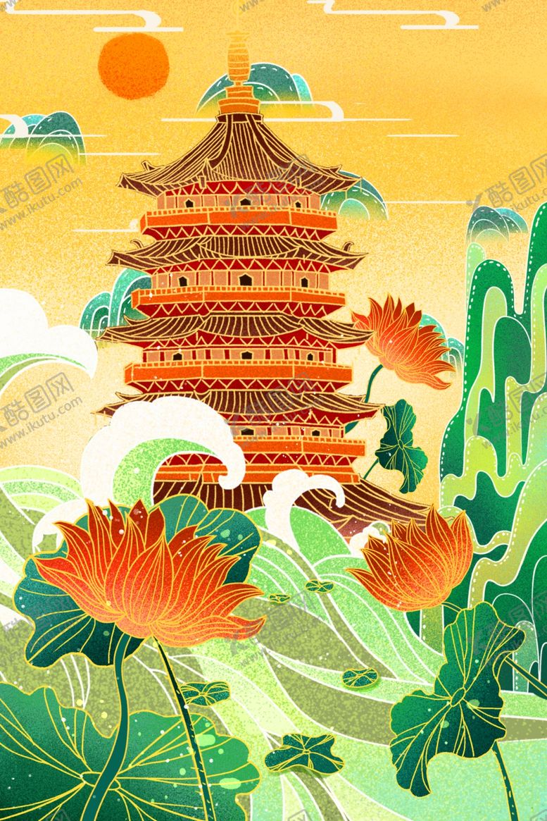 编号：52446604041348298600【酷图网】源文件下载-古风宝塔绘于山水间