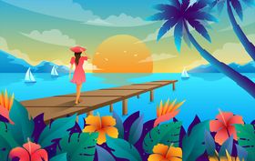 夏季海边少女植物插画背景
