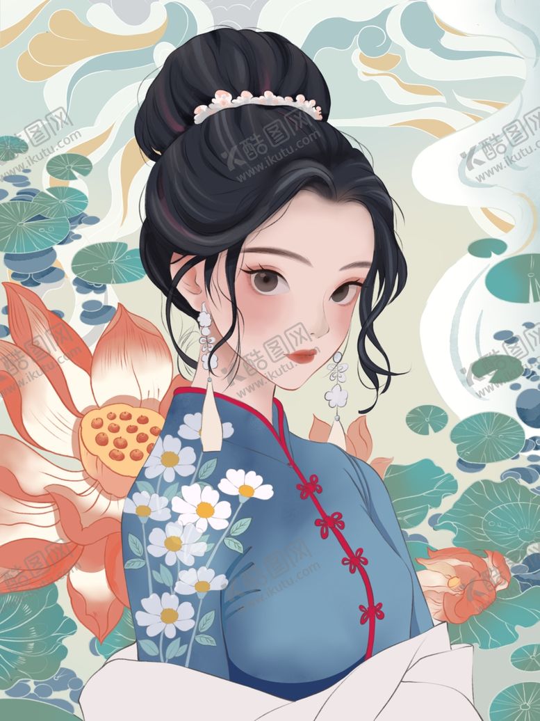 编号：16275204060226501376【酷图网】源文件下载-古风少女赏荷图