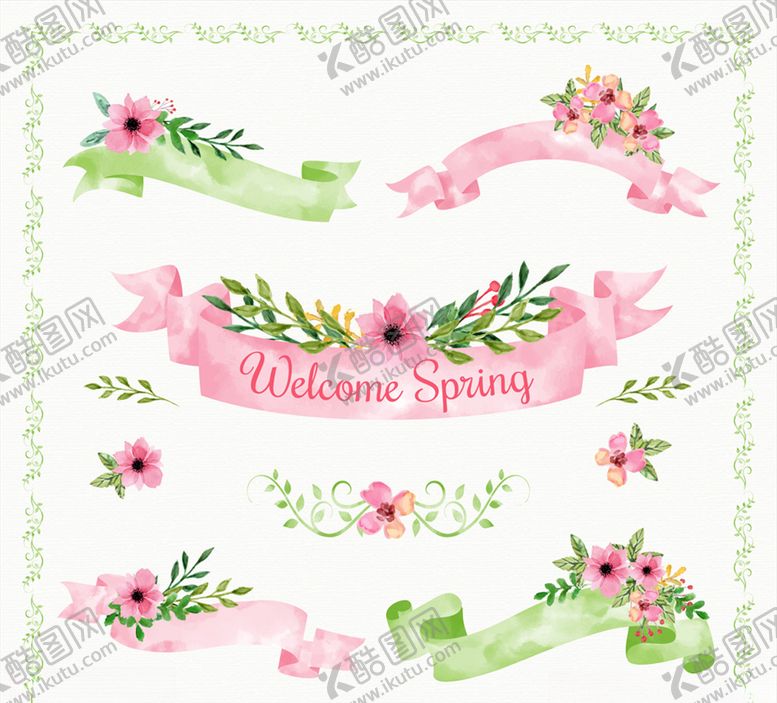 编号：32667609110406407910【酷图网】源文件下载-水彩绘春季花卉条幅矢量图