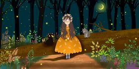 森林中穿黄裙的梦幻女孩