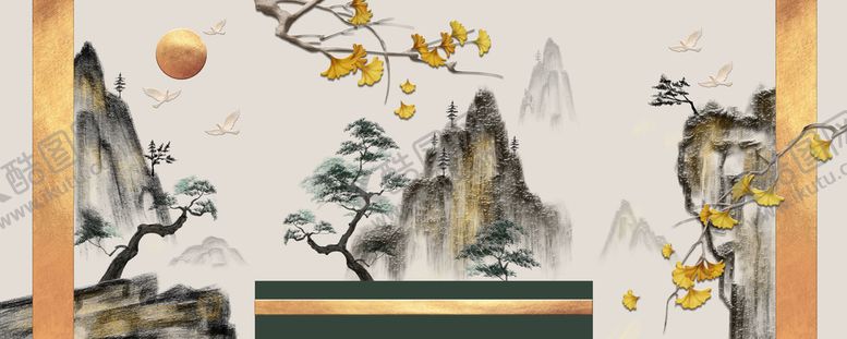 编号：90713409220506353912【酷图网】源文件下载-中式山水线条国画装饰画