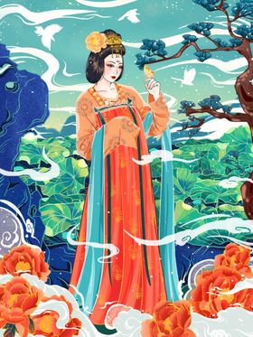 手绘古风荷花美女免抠元素