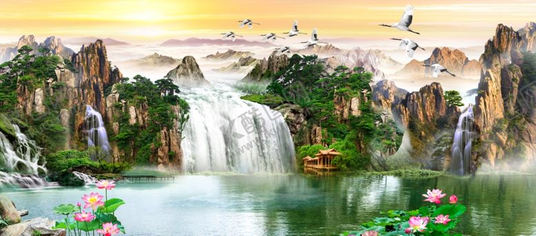 编号：12009311250006199175【酷图网】源文件下载-梦幻山水瀑布景观图