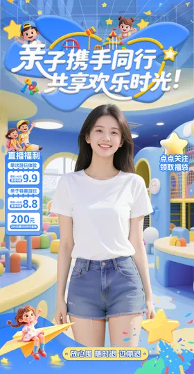 蓝色儿童亲子乐园直播间贴片