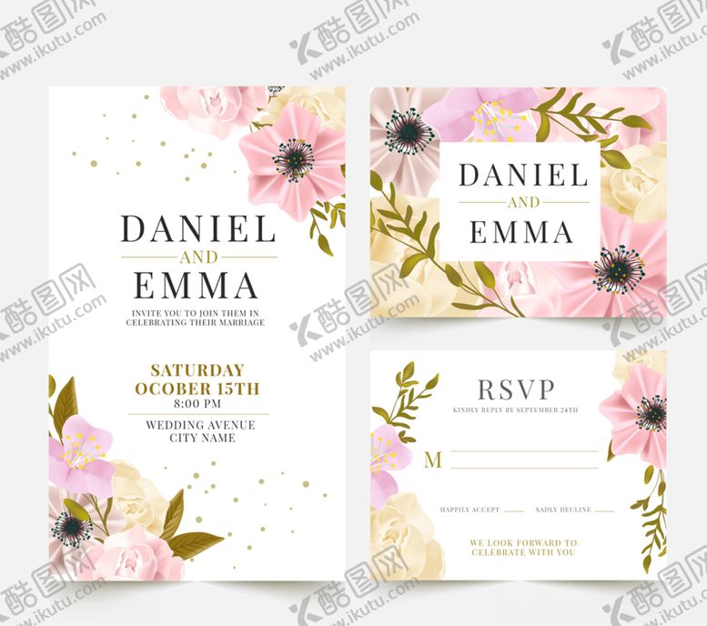 编号：94065710010240321235【酷图网】源文件下载-粉色花卉婚礼卡片