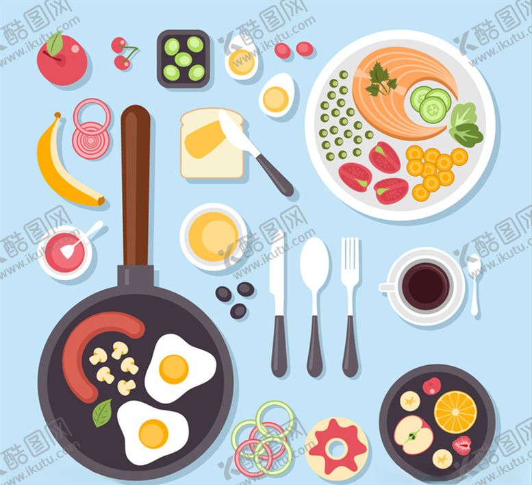 编号：49858406281853434834【酷图网】源文件下载-精美食物与餐具俯视图矢量素材