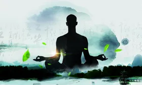 中国风山水背景渔船天道酬勤电视墙