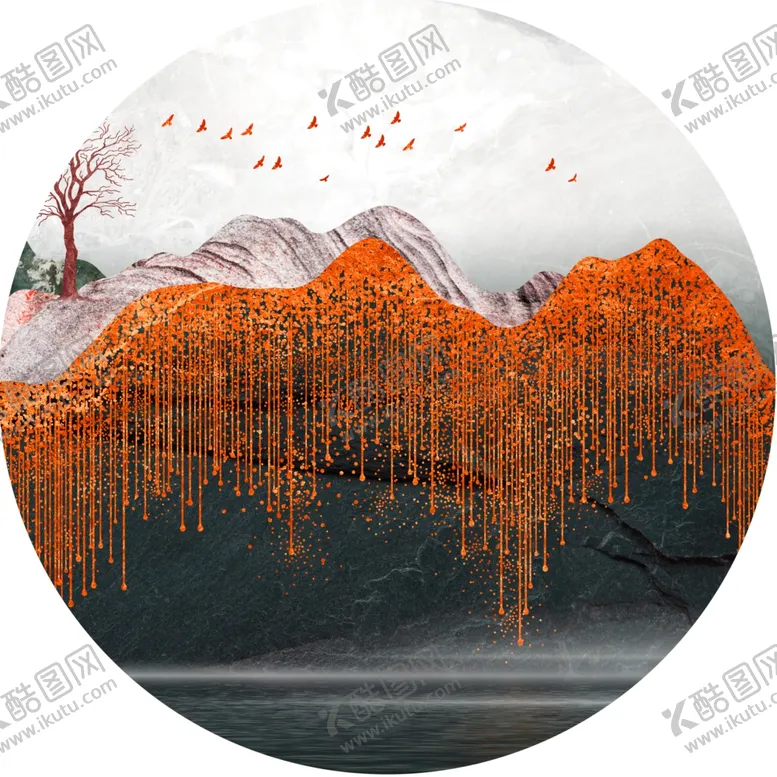 编号：99415312011304026549【酷图网】源文件下载-水墨山脉湖泊圆形挂画装饰画