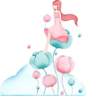 花与少女手绘插画元素