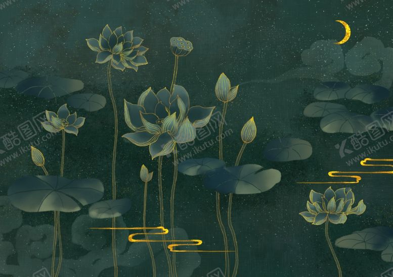 编号：43562506281612052776【酷图网】源文件下载-荷花烫金国风古风壁画墙贴素材