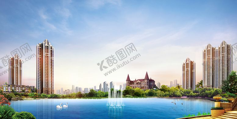 编号：91866912051001217013【酷图网】源文件下载-房地产 湖景 园林 效果图