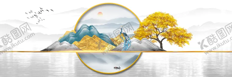 编号：49823610101437435637【酷图网】源文件下载-山水孔雀发财树风景画装饰画