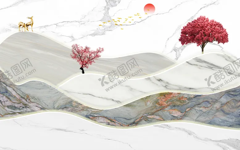 编号：76149809231356523741【酷图网】源文件下载-新中式麋鹿山水背景