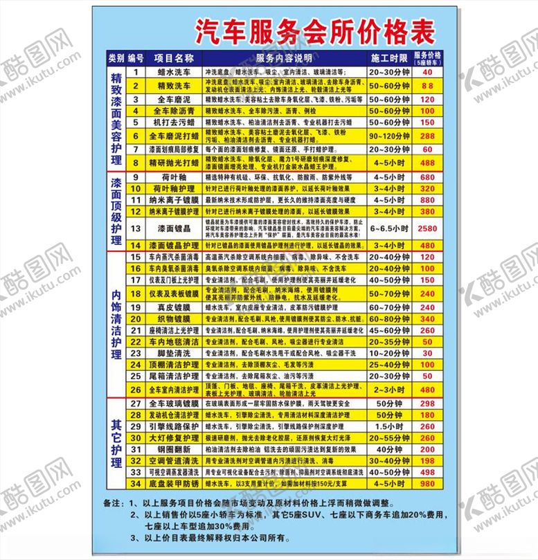 编号：19331810201350266664【酷图网】源文件下载-汽车服务会所价格表