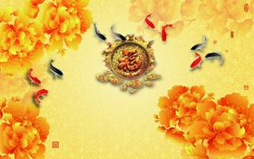 鎏金福鎏金边牡丹花九鱼图背景墙
