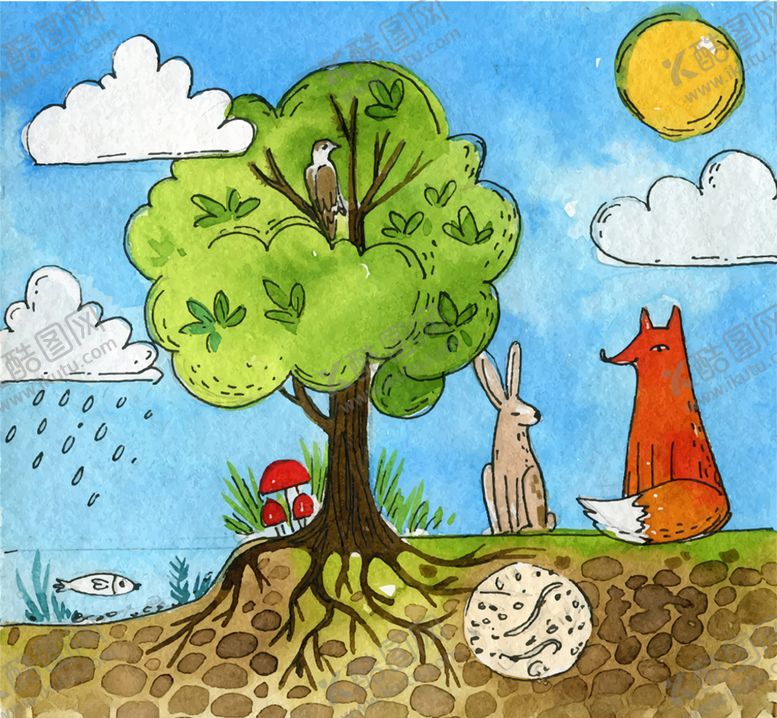编号：65361310072337383643【酷图网】源文件下载-彩绘树木和森林动物插画矢量图