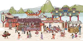 中国风传统插画新年集市插图
