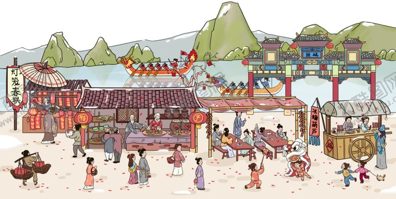 编号：85536307052150563787【酷图网】源文件下载-中国风传统插画新年集市插图