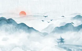 中国风水墨山水画禅意禅意背景墙背景墙飞鸟