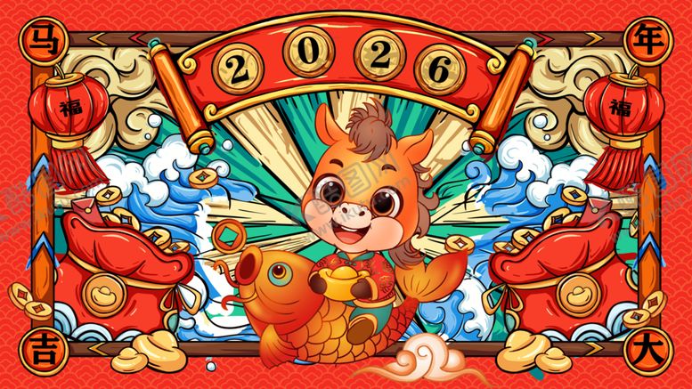 编号：95951204040330527021【酷图网】源文件下载-2026国潮马马年有福卡