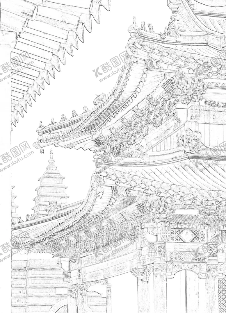 编号：27555802050046235235【酷图网】源文件下载-密集古建筑黑白线条画