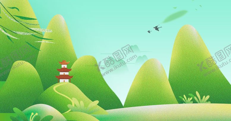 编号：86907307140620254724【酷图网】源文件下载-山水插画清新绿色亭子燕子树叶