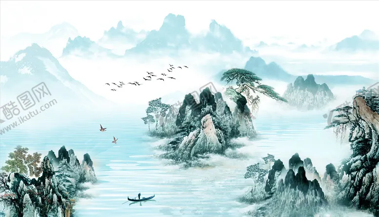 编号：48462803262100292160【酷图网】源文件下载-水墨山水松树石林小船高山飞鸟