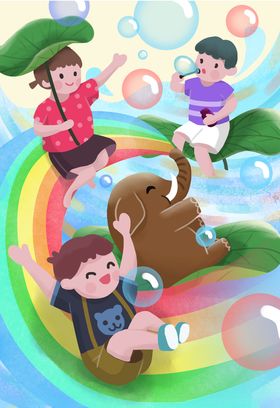 六一大象儿童荷叶泡泡插画