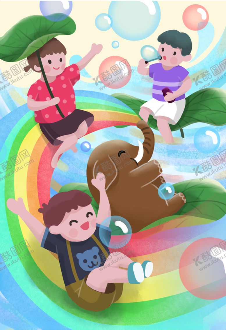 编号：77128809230156099796【酷图网】源文件下载-六一大象儿童荷叶泡泡插画
