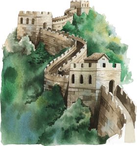 长城建筑水彩合成海报素材