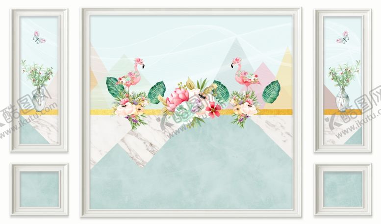 编号：49826009210410184585【酷图网】源文件下载-火烈鸟花盆大理石色块框框