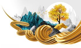 创意新中式抽象山峰黄金树背景墙