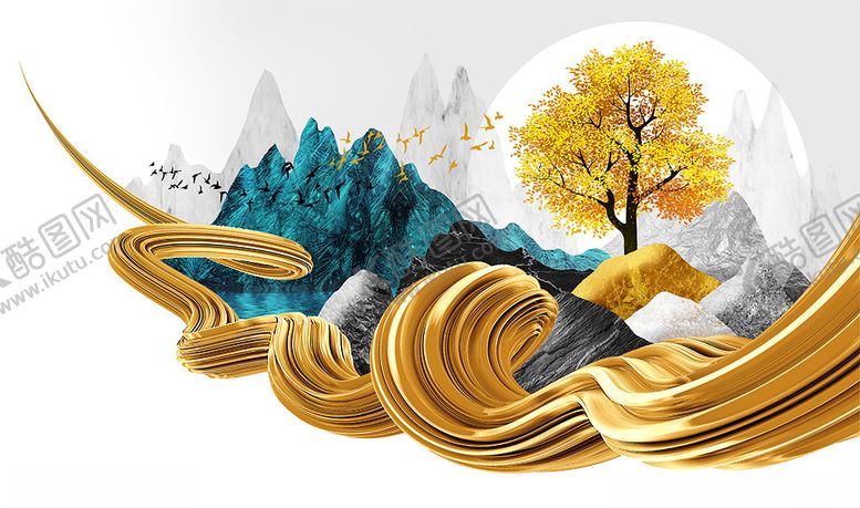 编号：50860405090745457691【酷图网】源文件下载-创意新中式抽象山峰黄金树背景墙