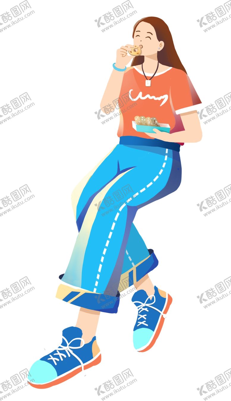 编号：85264109181750473751【酷图网】源文件下载-手绘扁平风时尚女孩吃东西