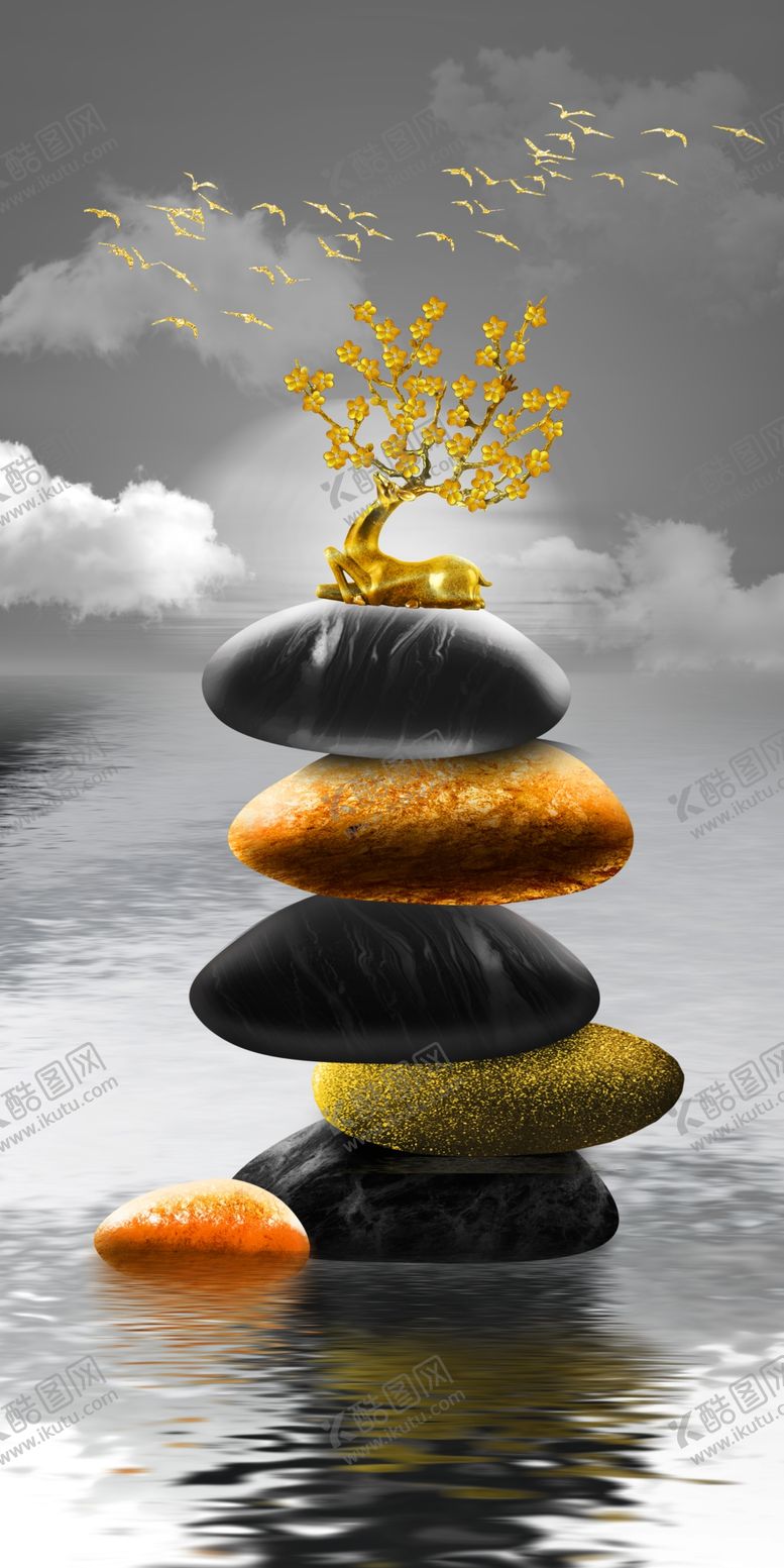 编号：38390710010320478156【酷图网】源文件下载-新中式麋鹿装饰画