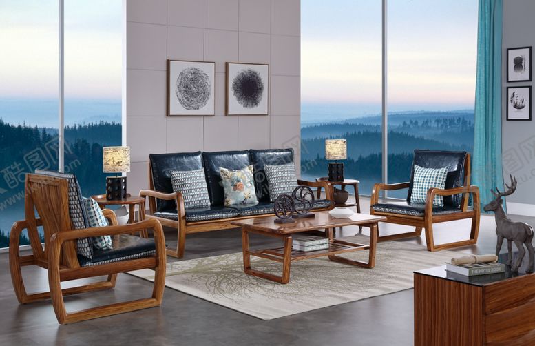编号：39120209200545055727【酷图网】源文件下载-黑胡桃乌金木客厅实木沙发北欧风