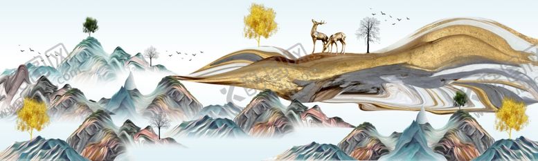 编号：35018012301007455484【酷图网】源文件下载-麋鹿金色山水意境晶瓷画