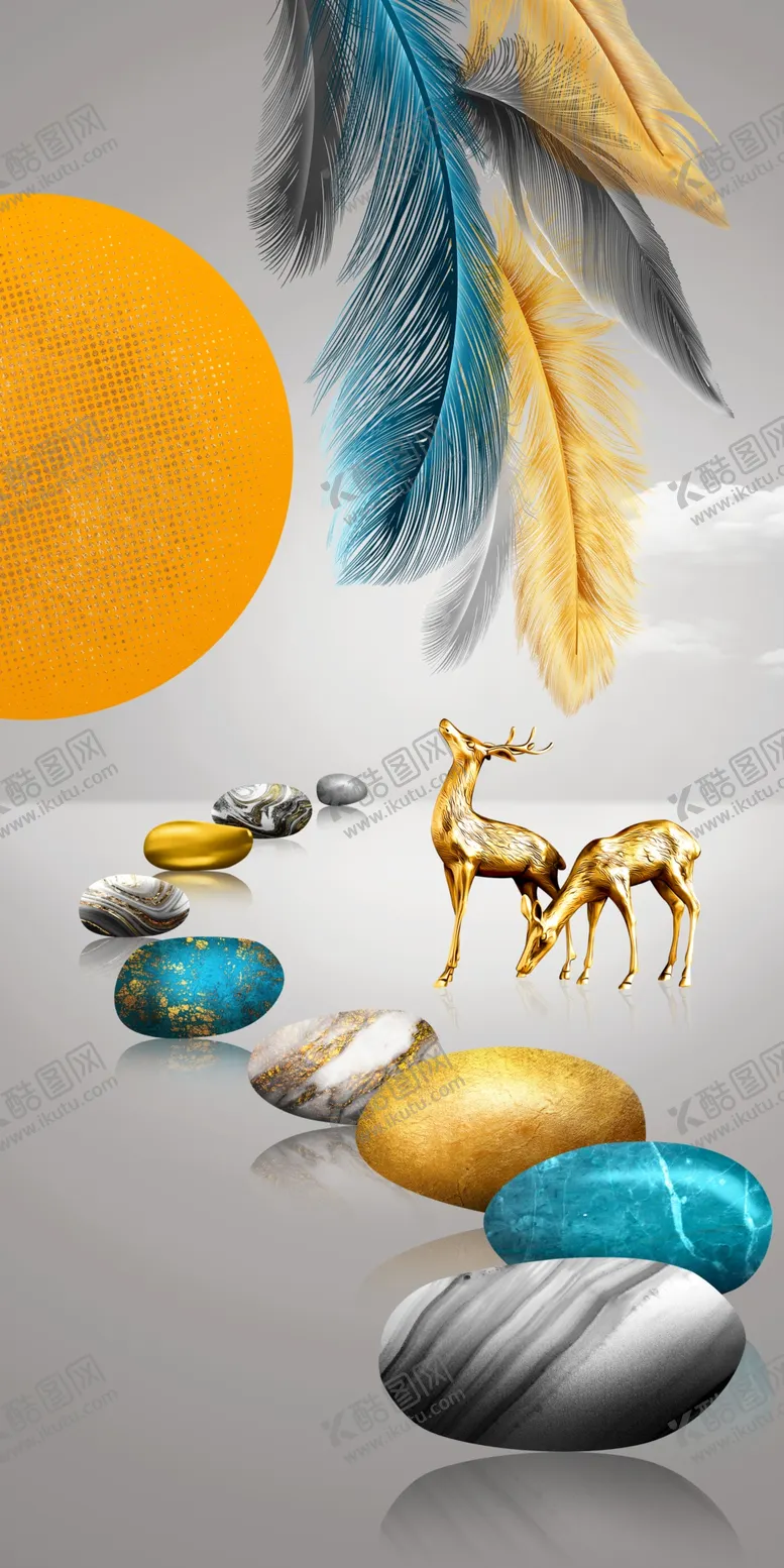 编号：82735909251150206598【酷图网】源文件下载-金色麋鹿发财鹿晶瓷画