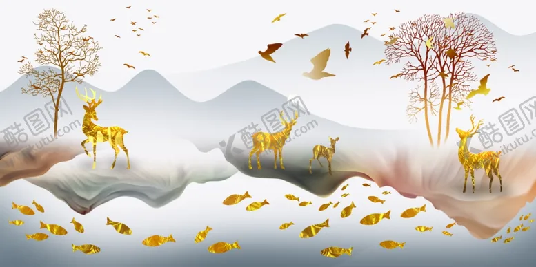 编号：48569706291738055023【酷图网】源文件下载-山水麋鹿三联装饰画