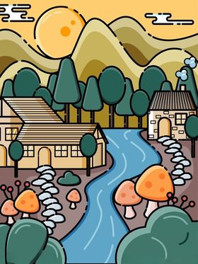 乡村河畔风景插画