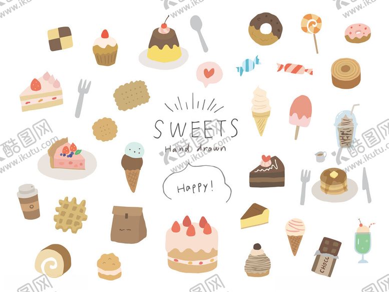 编号：19399311191343433778【酷图网】源文件下载-可爱手绘风甜品图标集合