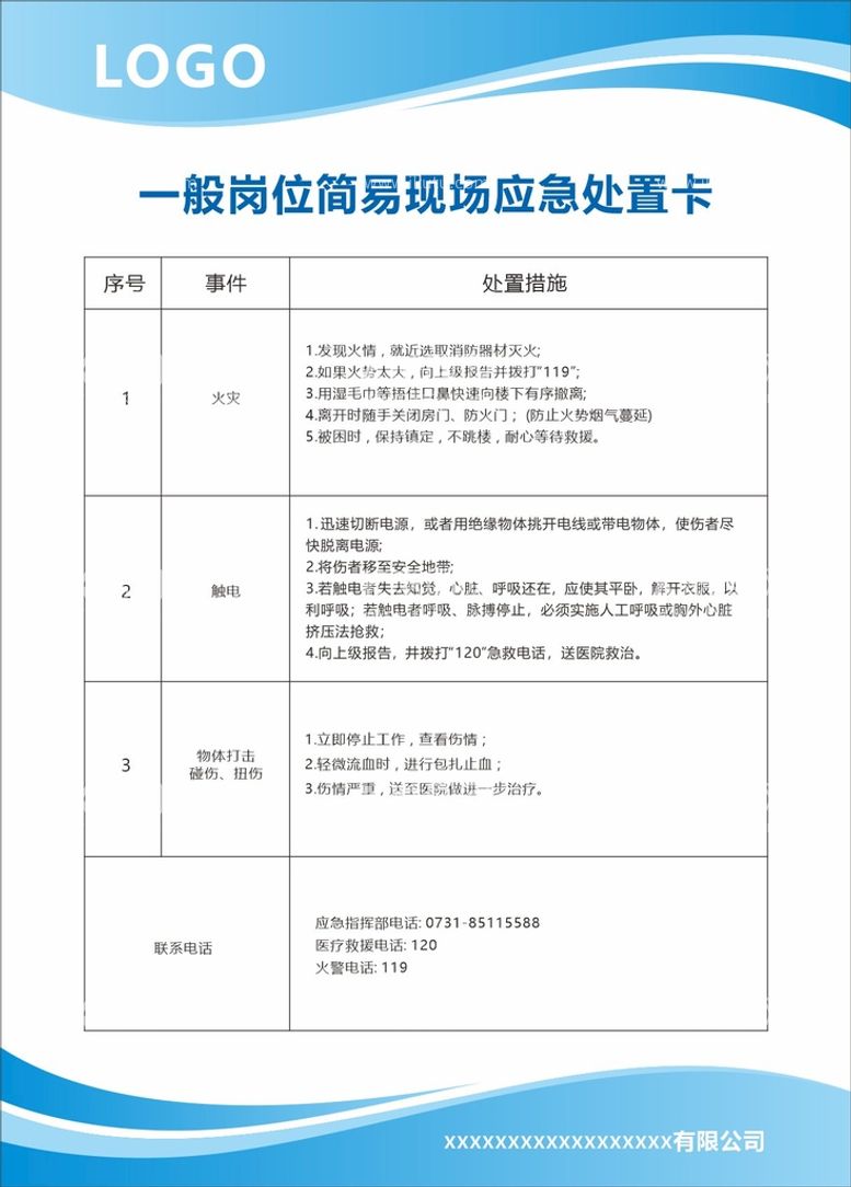 编号：49975710261204005800【酷图网】源文件下载-一般岗位应急处置卡