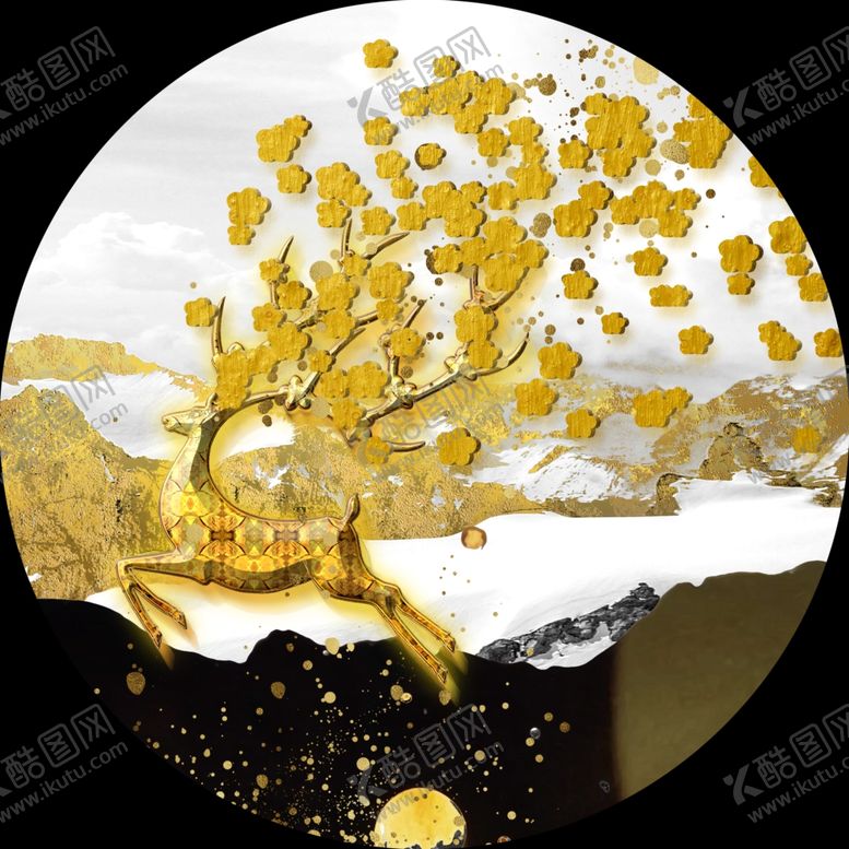 编号：30803810060634595326【酷图网】源文件下载-金箔麋鹿圆形装饰画