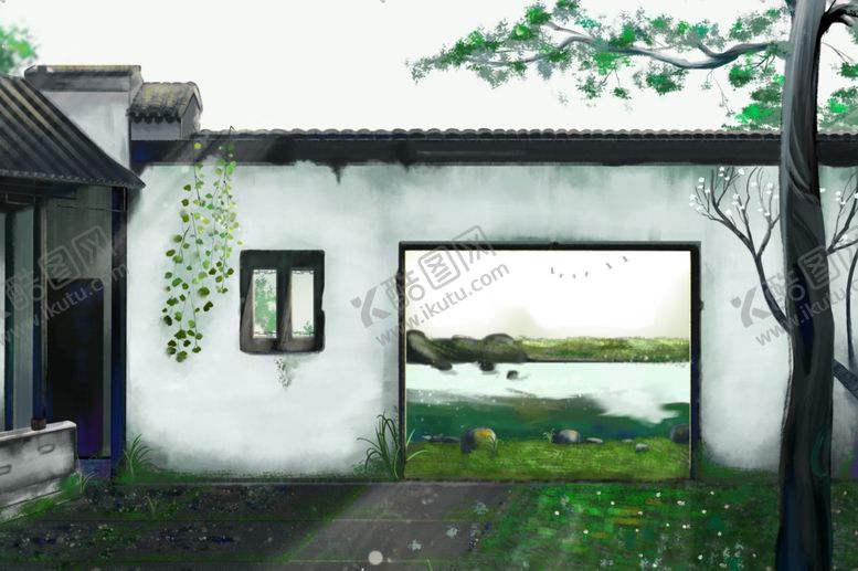 编号：95746309291956552355【酷图网】源文件下载-院落古风春意国风插画背景素材