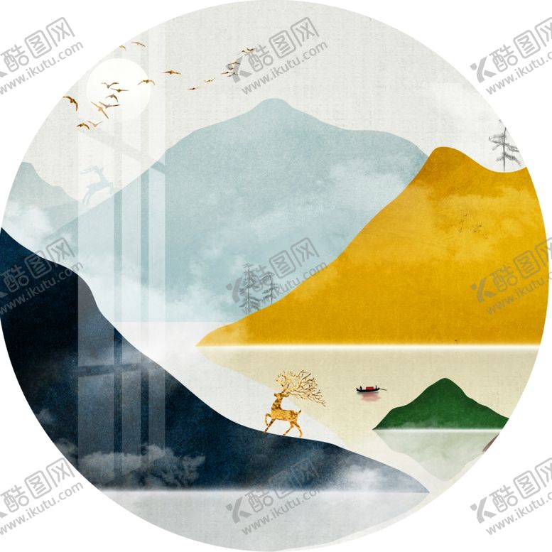 编号：11986301170515196726【酷图网】源文件下载-水墨山脉湖泊圆形挂画装饰画