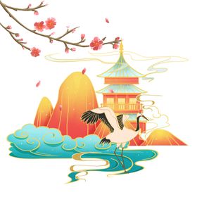 梅花仙鹤山祥云楼阁