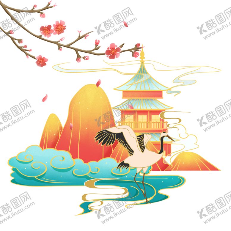 编号：38281909130855029214【酷图网】源文件下载-梅花仙鹤山祥云楼阁