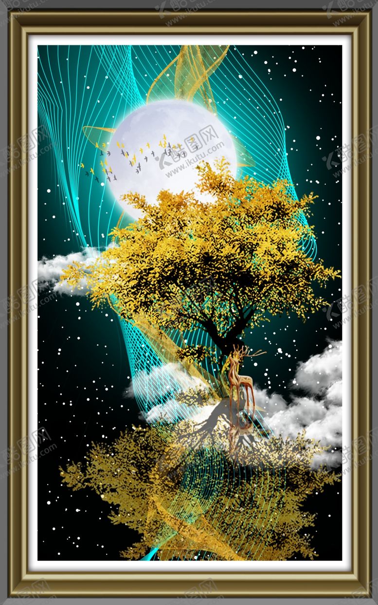 编号：60809710290339558141【酷图网】源文件下载-发财树立体麋鹿风景